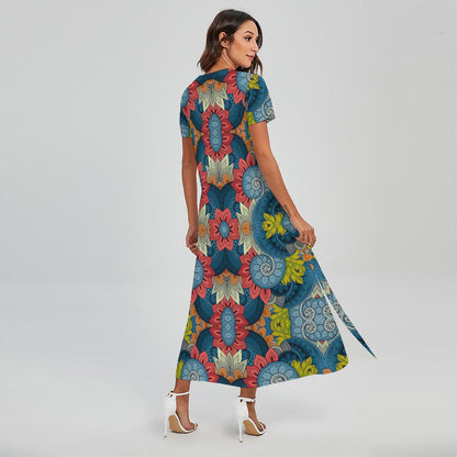 Native Tribal Bohemian Pattern Print Short Sleeve Maxi Dress