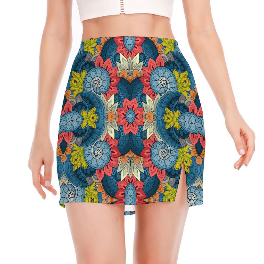 Native Tribal Bohemian Pattern Print Side Slit Mini Skirt