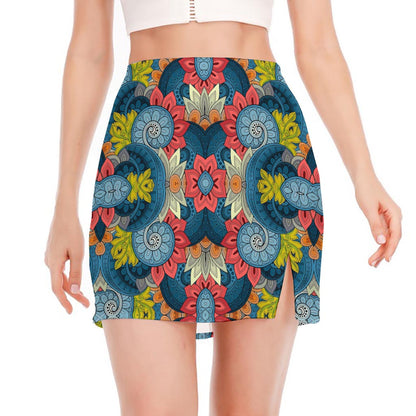 Native Tribal Bohemian Pattern Print Side Slit Mini Skirt