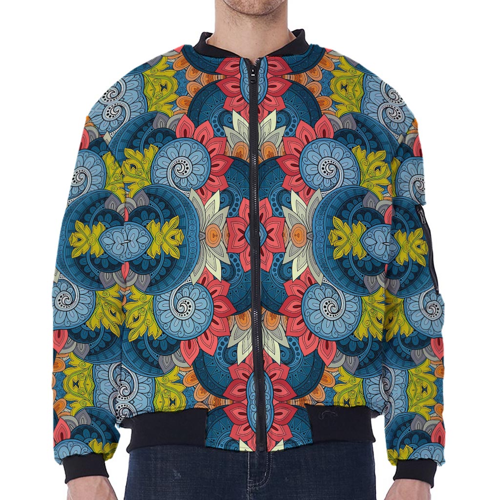 Native Tribal Bohemian Pattern Print Zip Sleeve Bomber Jacket