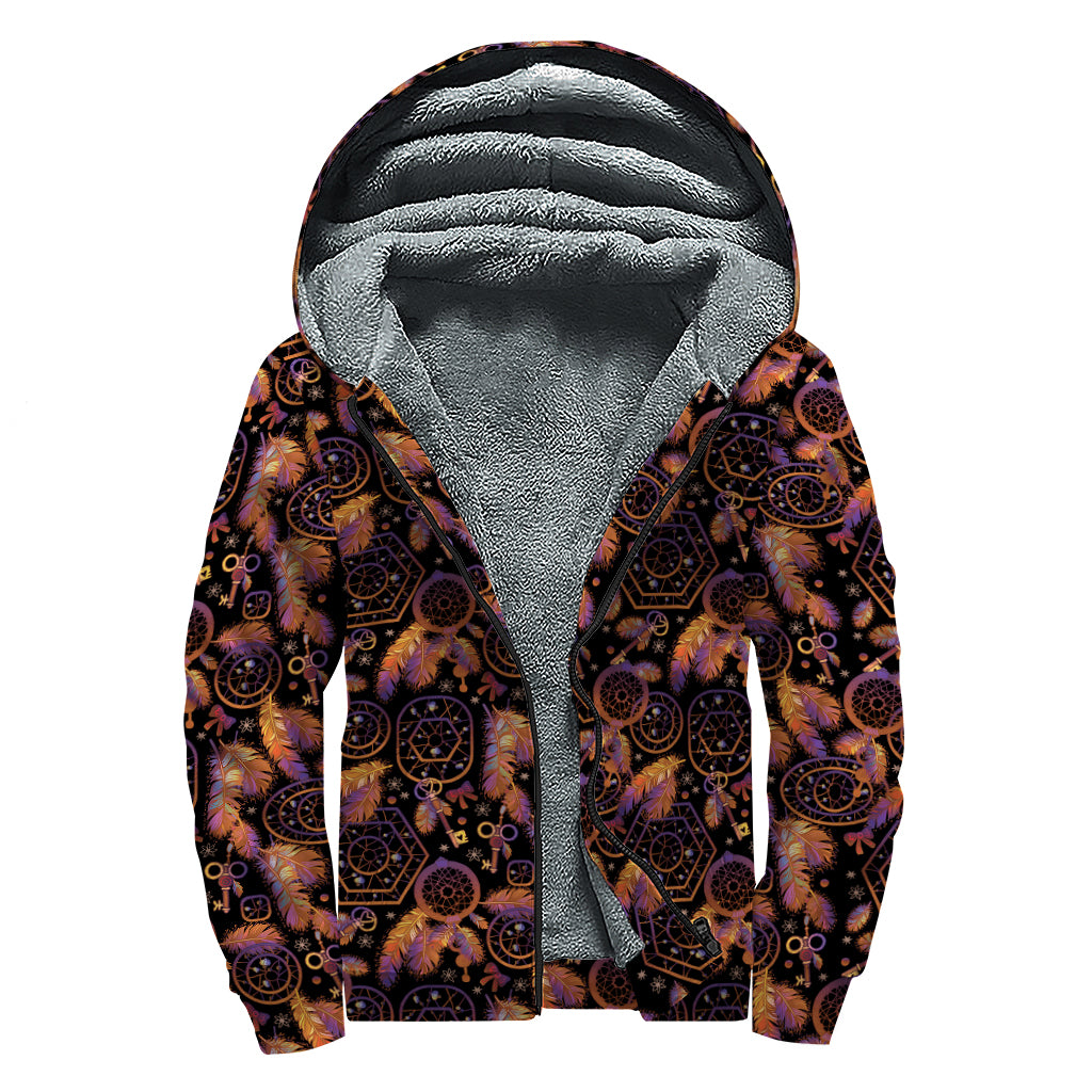 Native Tribal Dream Catcher Print Sherpa Lined Zip Up Hoodie
