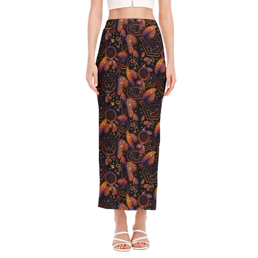 Native Tribal Dream Catcher Print Side Slit Maxi Skirt
