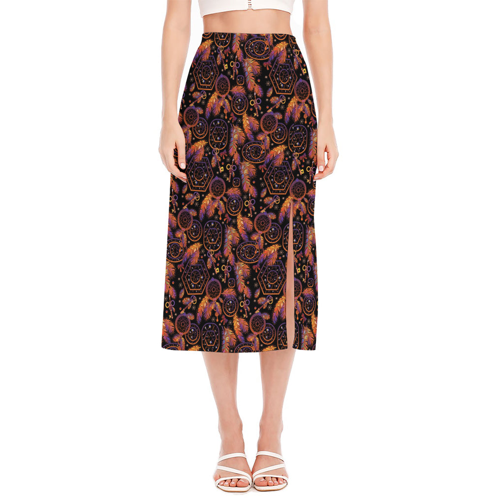 Native Tribal Dream Catcher Print Side Slit Midi Skirt