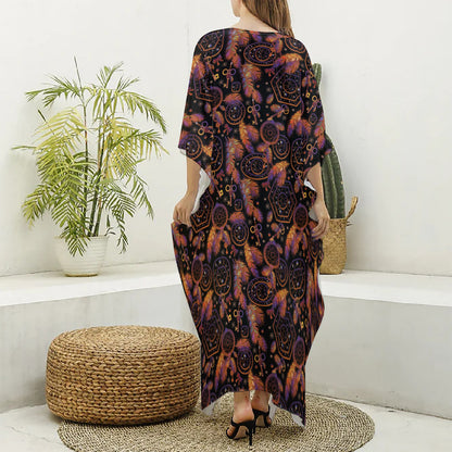 Native Tribal Dream Catcher Print Silk V-Neck Kaftan Dress