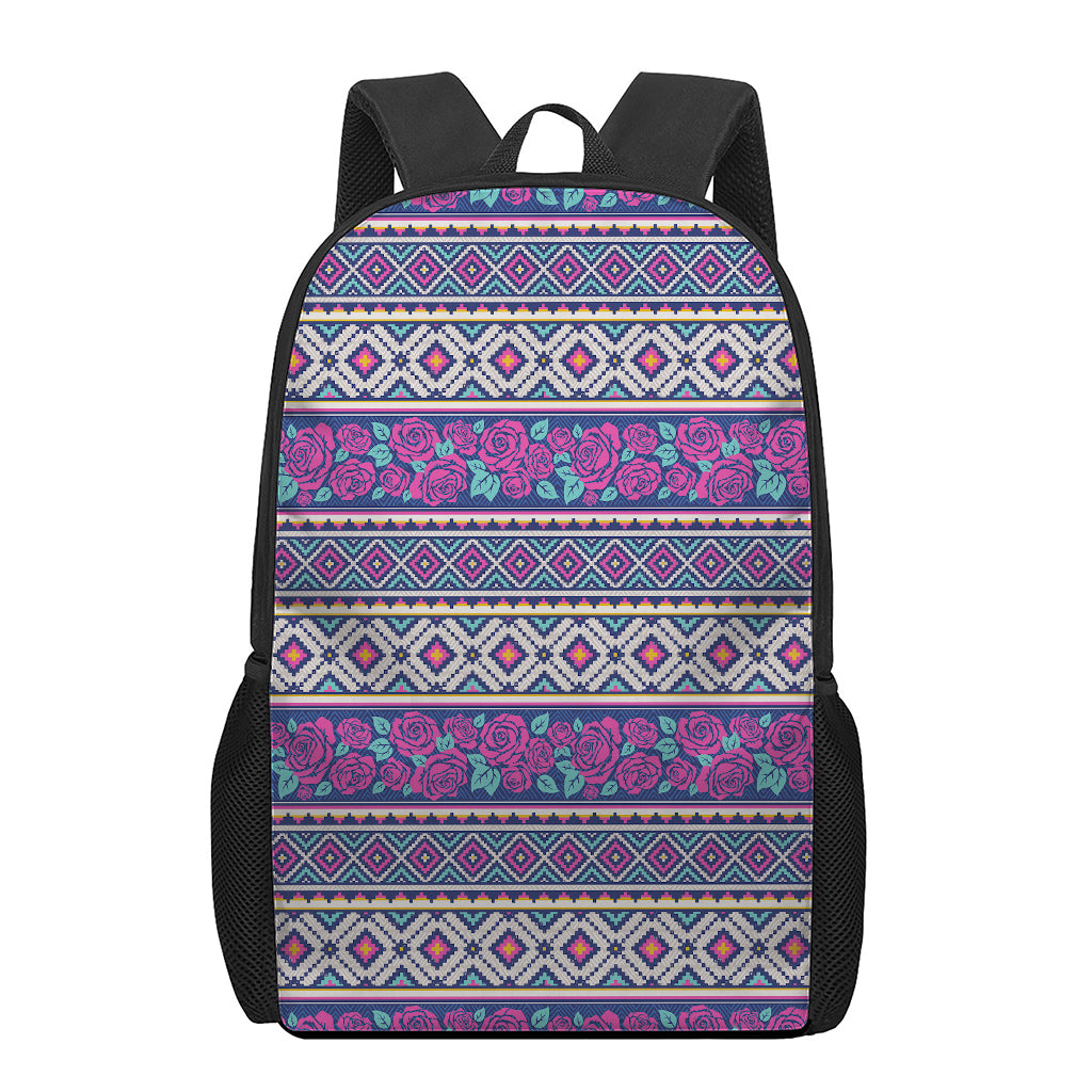 Native Tribal Ethnic Rose Pattern Print 17 Inch Backpack
