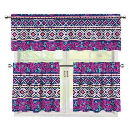 Native Tribal Ethnic Rose Pattern Print 3 Piece Kitchen Curtains