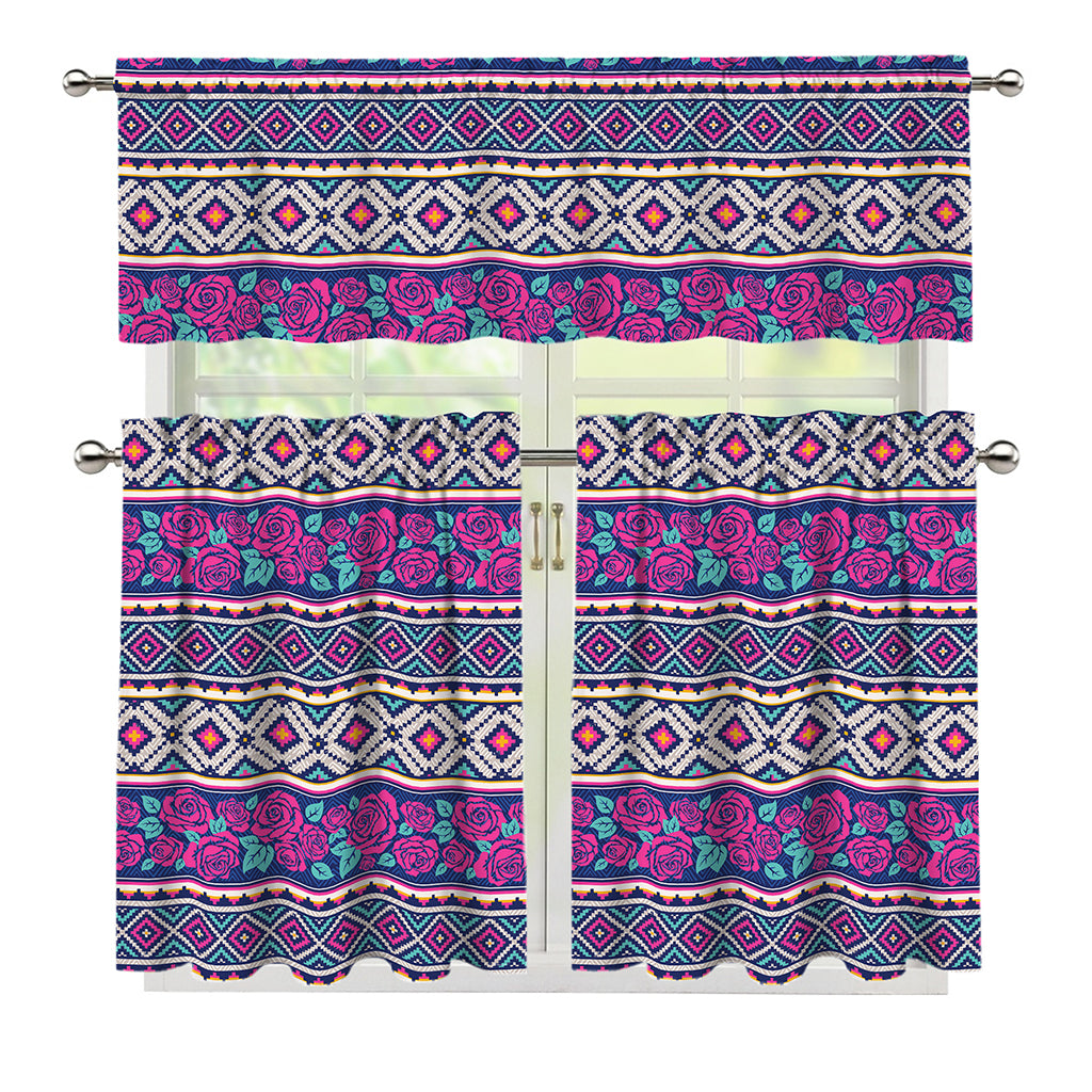 Native Tribal Ethnic Rose Pattern Print 3 Piece Kitchen Curtains