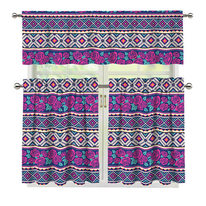 Native Tribal Ethnic Rose Pattern Print 3 Piece Kitchen Curtains