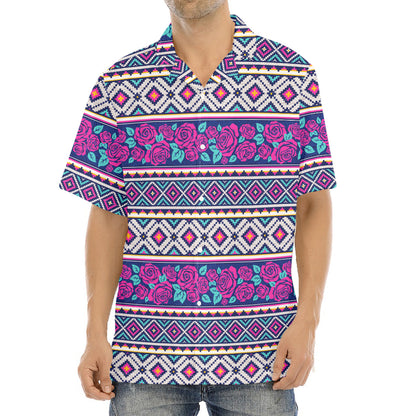 Native Tribal Ethnic Rose Pattern Print Aloha Shirt