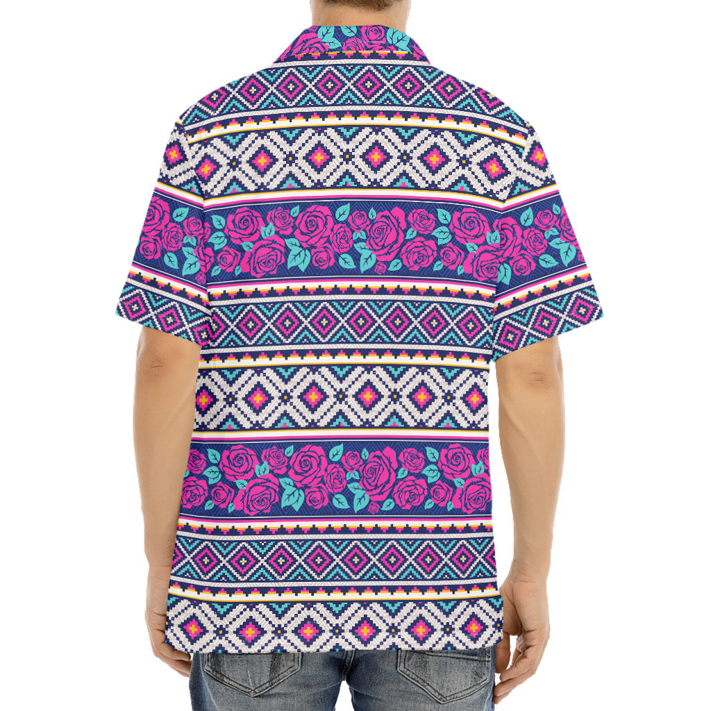 Native Tribal Ethnic Rose Pattern Print Aloha Shirt