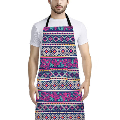 Native Tribal Ethnic Rose Pattern Print Bib Apron With Pocket