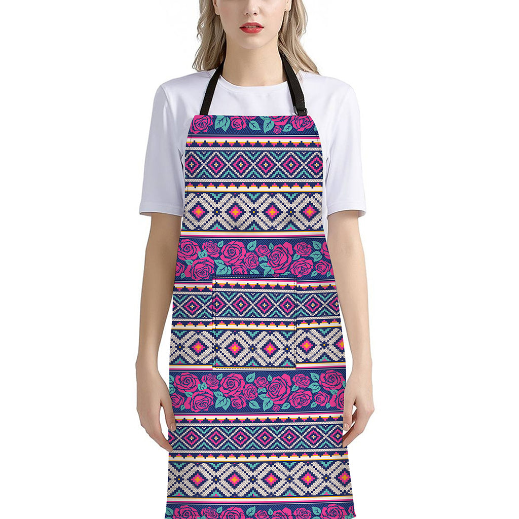 Native Tribal Ethnic Rose Pattern Print Bib Apron With Pocket