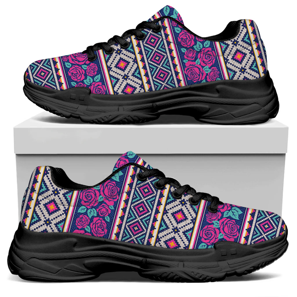 Native Tribal Ethnic Rose Pattern Print Black Chunky Shoes