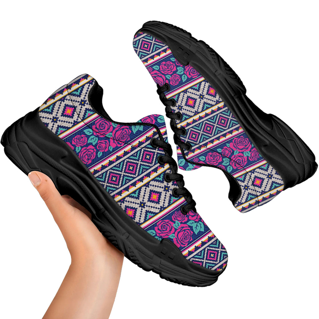 Native Tribal Ethnic Rose Pattern Print Black Chunky Shoes