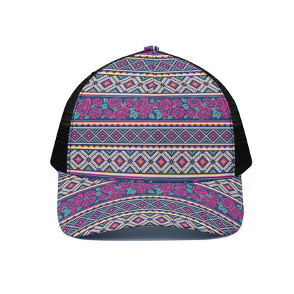 Native Tribal Ethnic Rose Pattern Print Black Mesh Trucker Cap