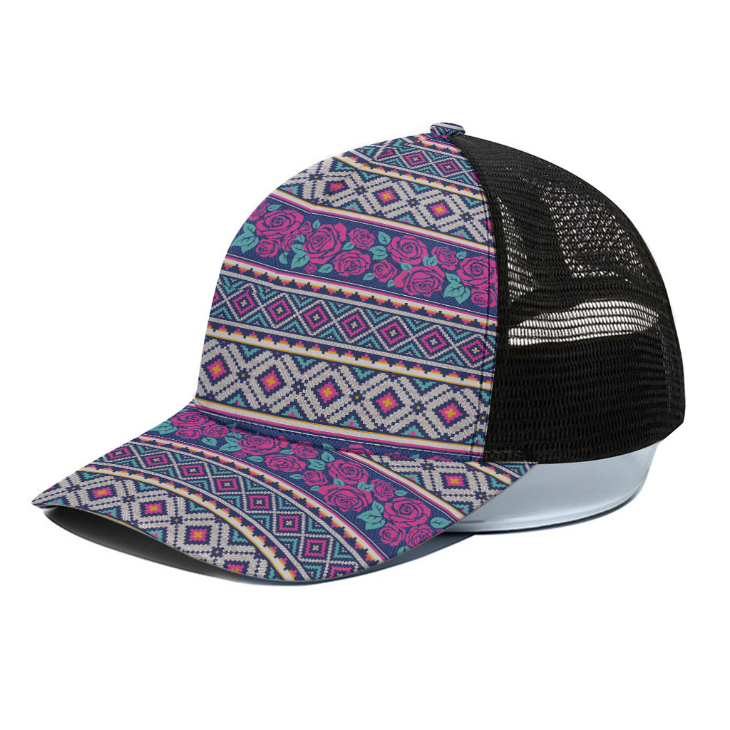 Native Tribal Ethnic Rose Pattern Print Black Mesh Trucker Cap
