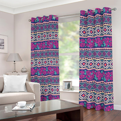 Native Tribal Ethnic Rose Pattern Print Blackout Grommet Curtains