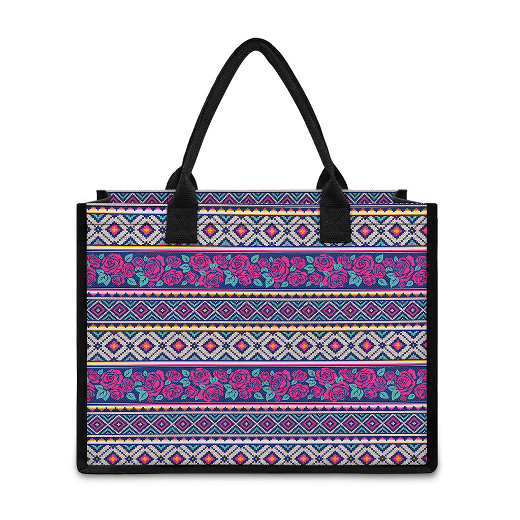 Native Tribal Ethnic Rose Pattern Print Canvas Tote Bag