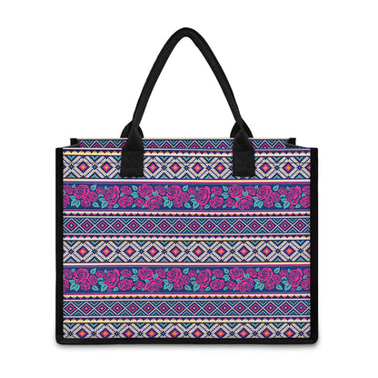 Native Tribal Ethnic Rose Pattern Print Canvas Tote Bag