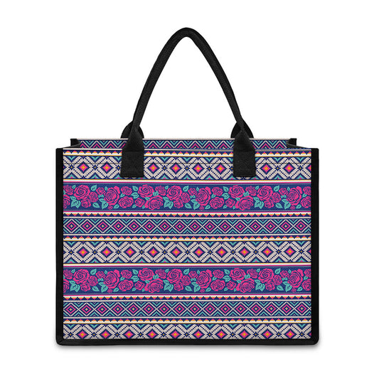 Native Tribal Ethnic Rose Pattern Print Canvas Tote Bag