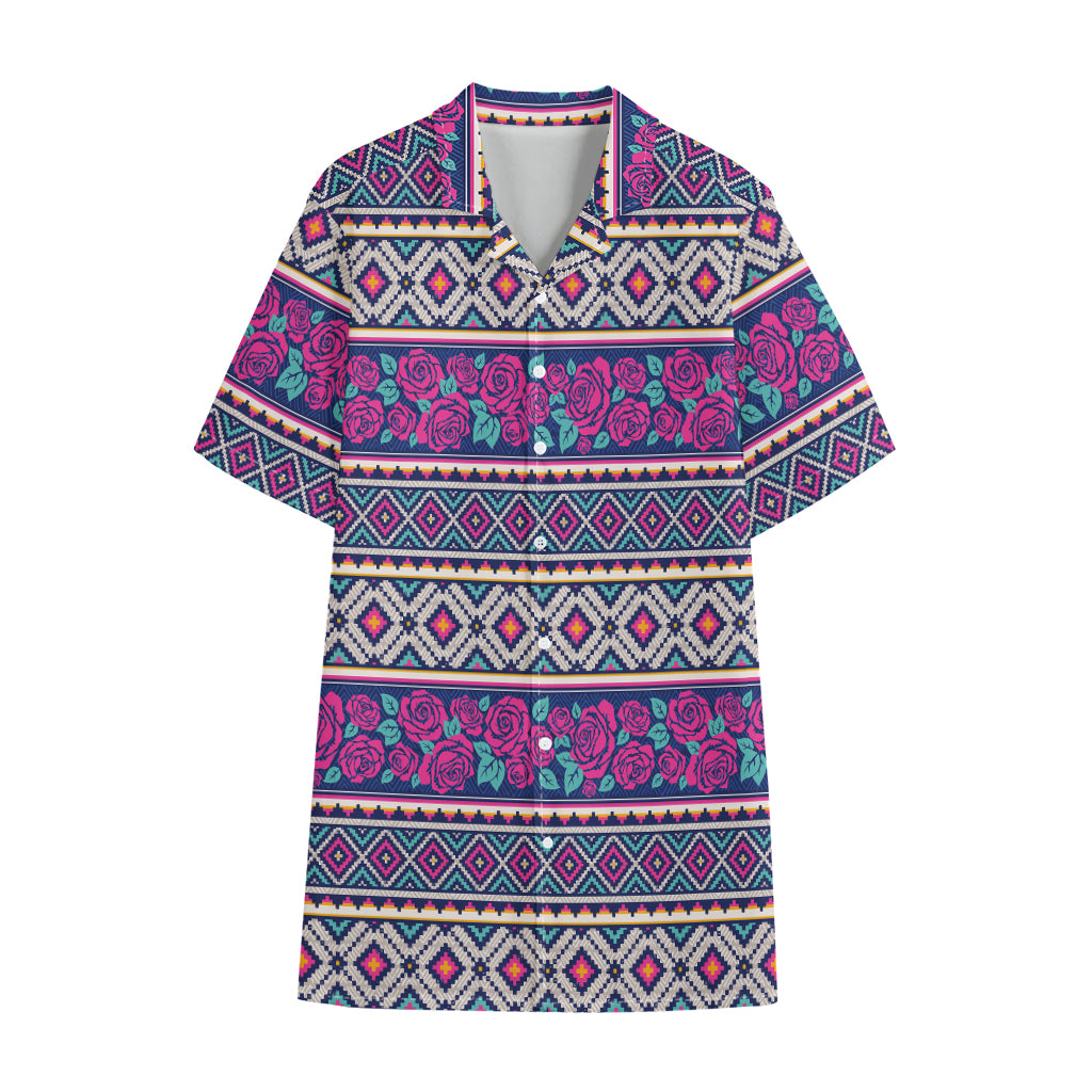 Native Tribal Ethnic Rose Pattern Print Cotton Hawaiian Shirt