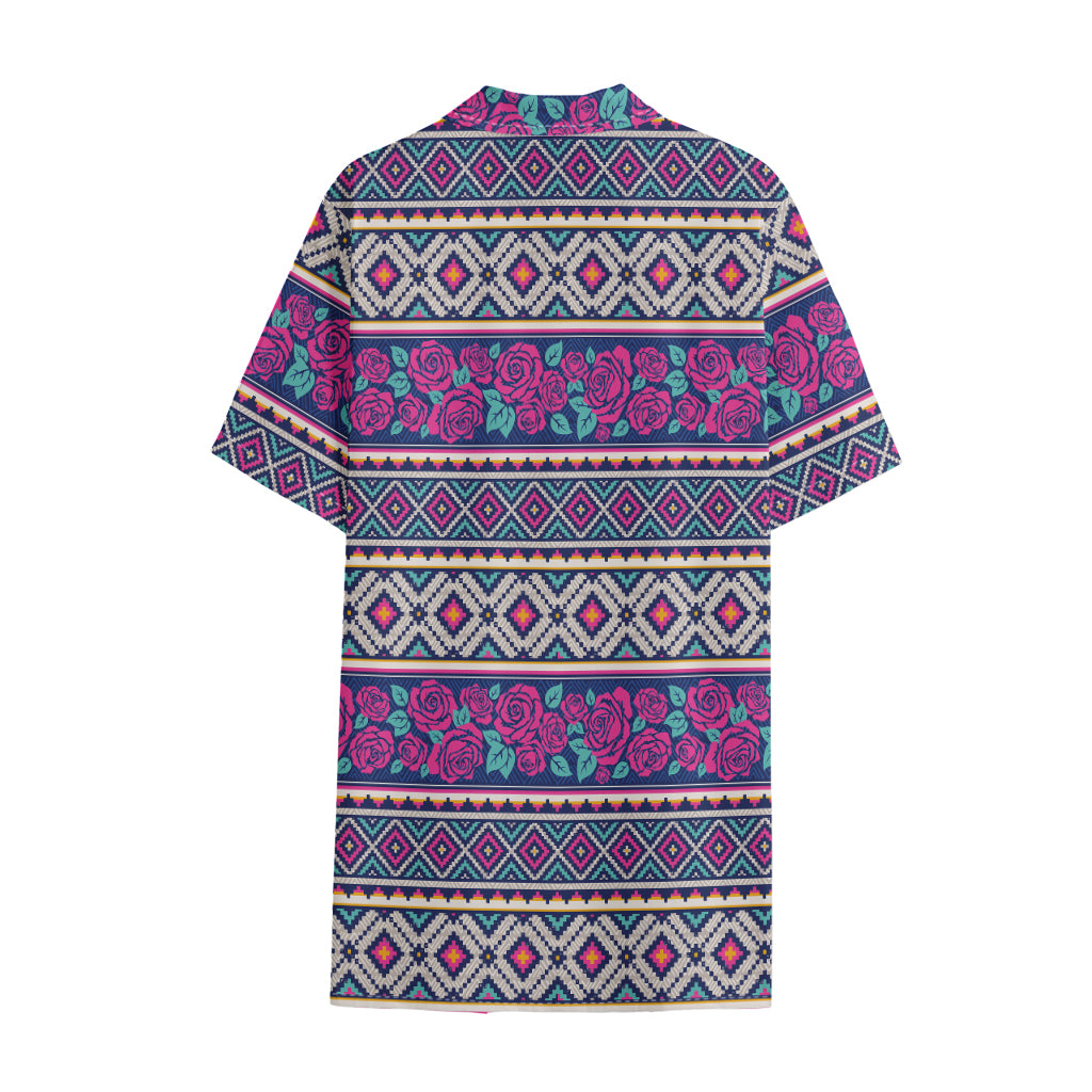 Native Tribal Ethnic Rose Pattern Print Cotton Hawaiian Shirt