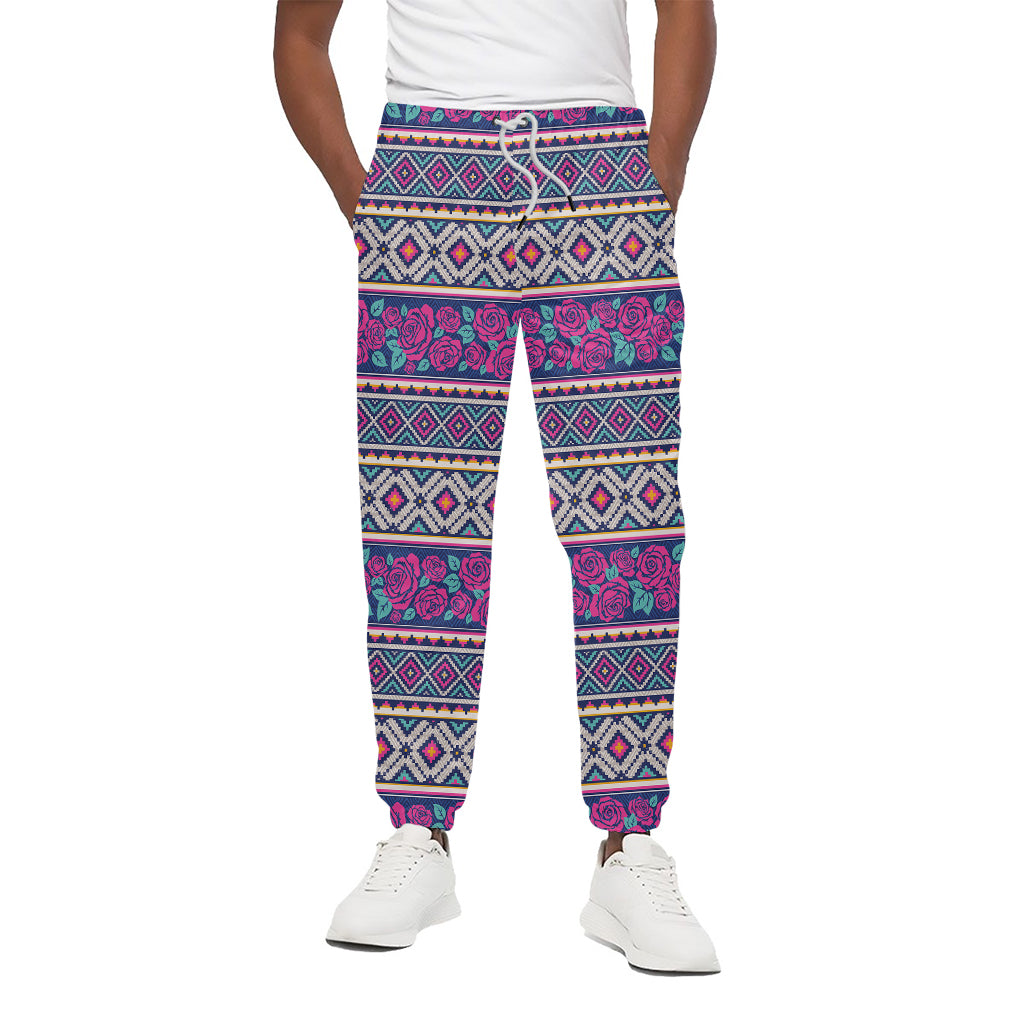Native Tribal Ethnic Rose Pattern Print Cotton Pants