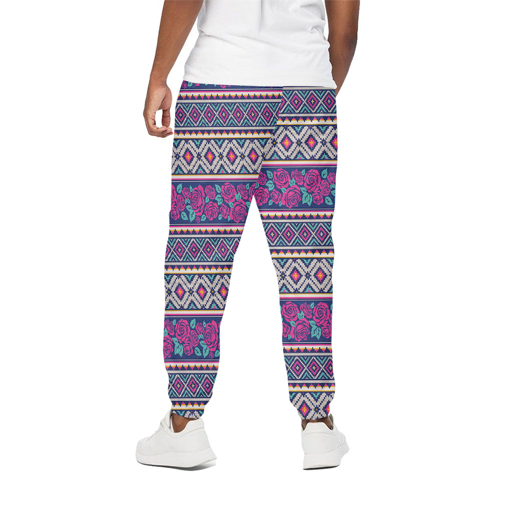 Native Tribal Ethnic Rose Pattern Print Cotton Pants
