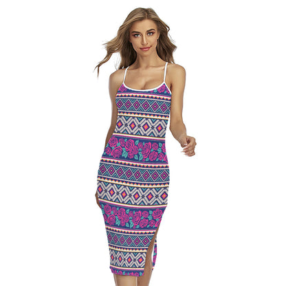 Native Tribal Ethnic Rose Pattern Print Cross Back Cami Dress
