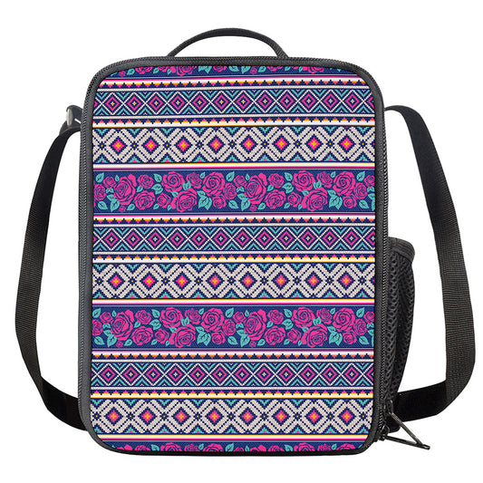 Native Tribal Ethnic Rose Pattern Print Crossbody Lunch Bag