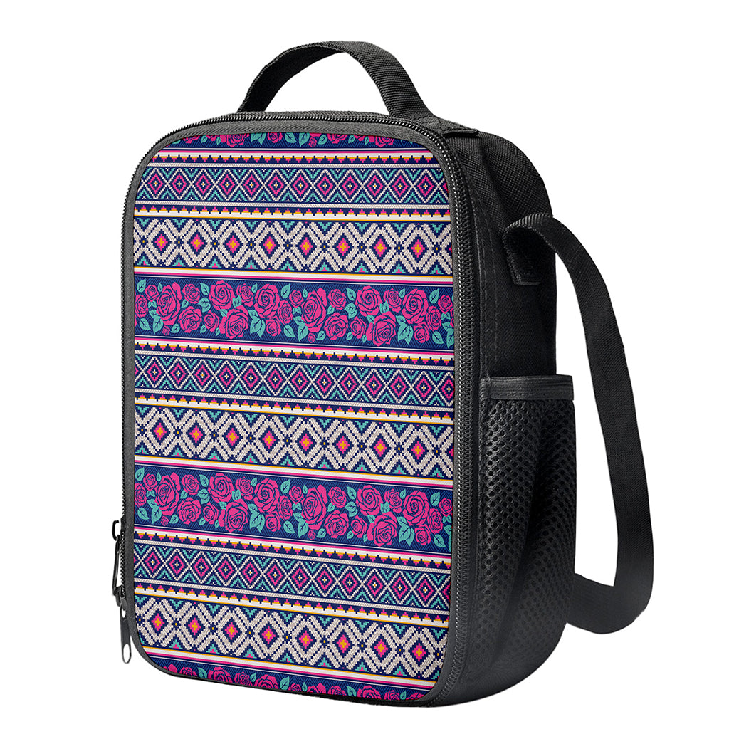 Native Tribal Ethnic Rose Pattern Print Crossbody Lunch Bag