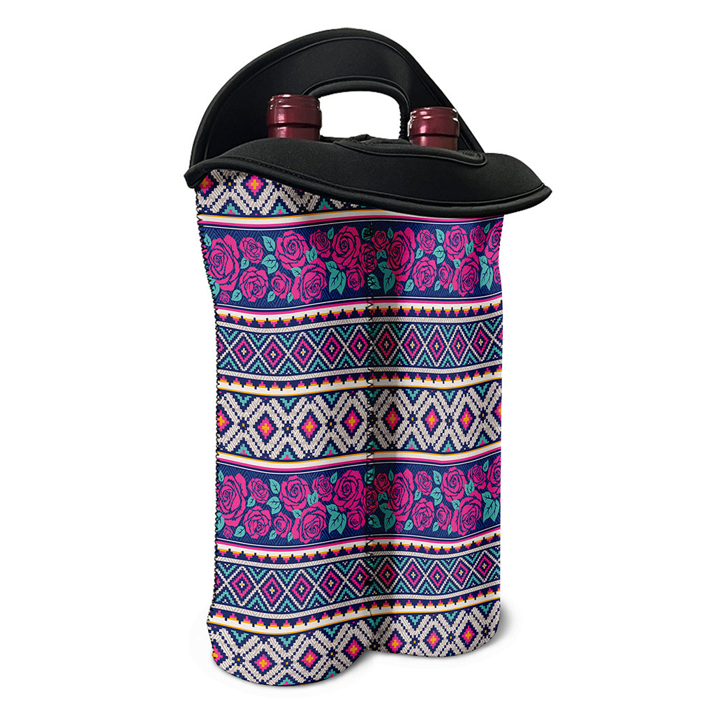 Native Tribal Ethnic Rose Pattern Print Double Neoprene Wine Tote