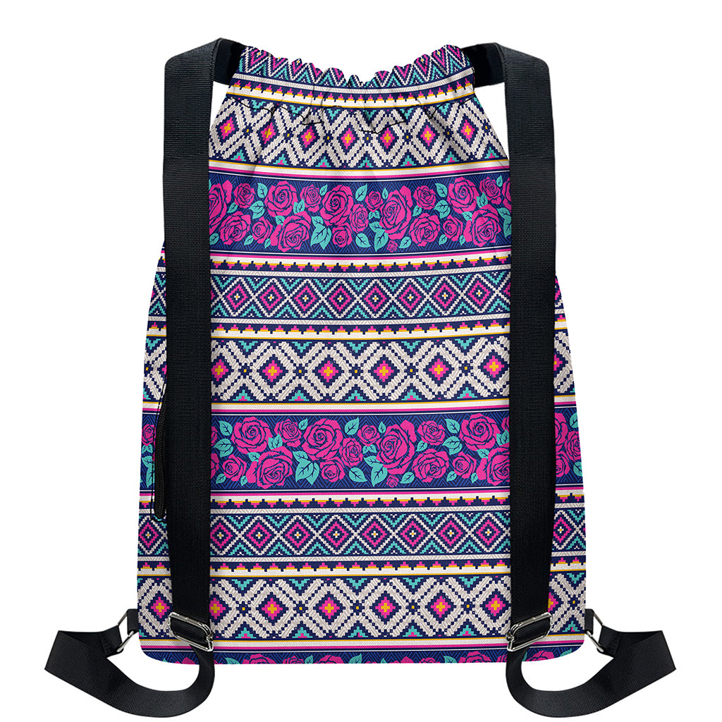 Native Tribal Ethnic Rose Pattern Print Drawstring Backpack