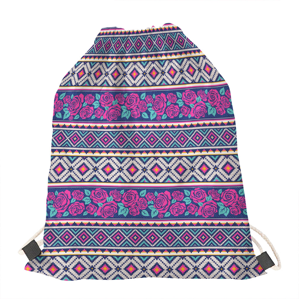 Native Tribal Ethnic Rose Pattern Print Drawstring Bag