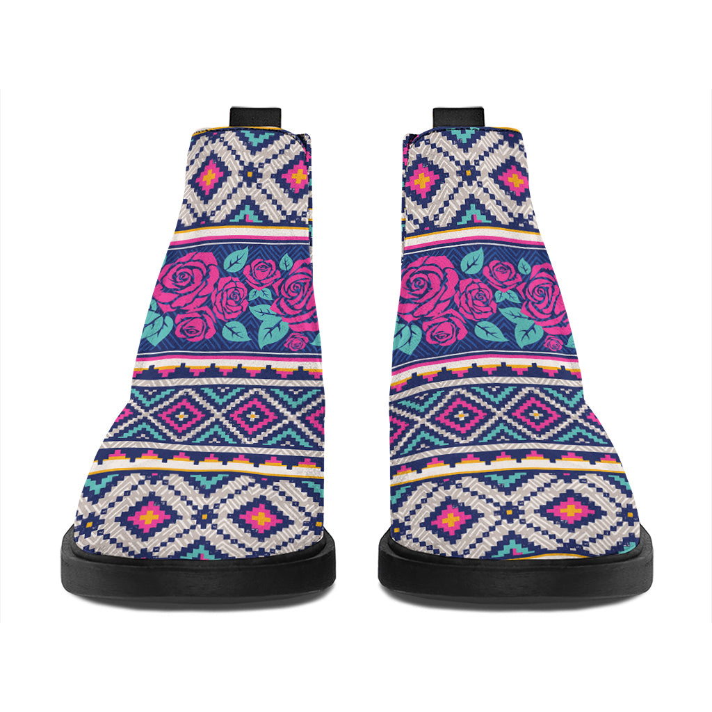 Native Tribal Ethnic Rose Pattern Print Flat Ankle Boots