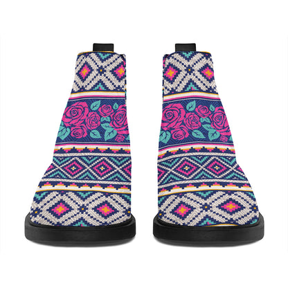 Native Tribal Ethnic Rose Pattern Print Flat Ankle Boots