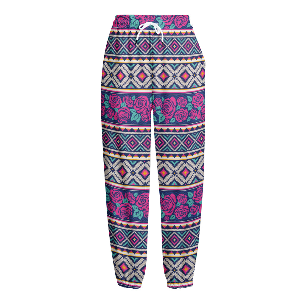 Native Tribal Ethnic Rose Pattern Print Fleece Lined Knit Pants