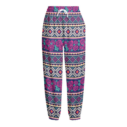 Native Tribal Ethnic Rose Pattern Print Fleece Lined Knit Pants