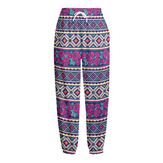 Native Tribal Ethnic Rose Pattern Print Fleece Lined Knit Pants