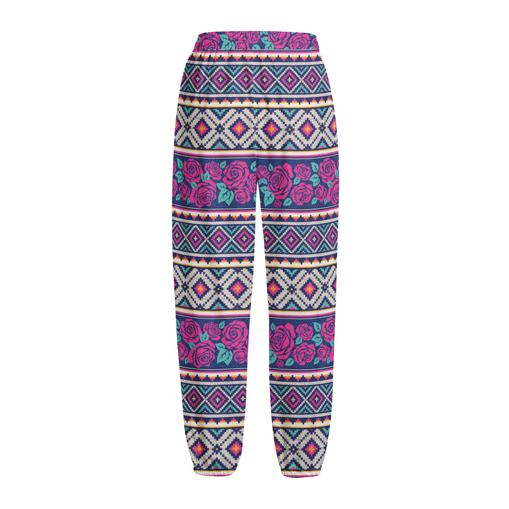 Native Tribal Ethnic Rose Pattern Print Fleece Lined Knit Pants