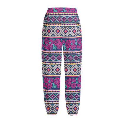 Native Tribal Ethnic Rose Pattern Print Fleece Lined Knit Pants