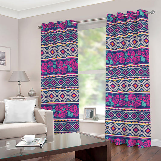 Native Tribal Ethnic Rose Pattern Print Grommet Curtains