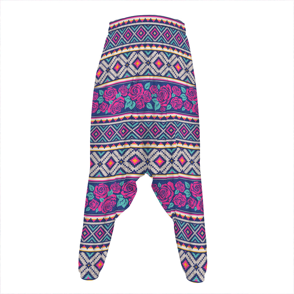 Native Tribal Ethnic Rose Pattern Print Hammer Pants