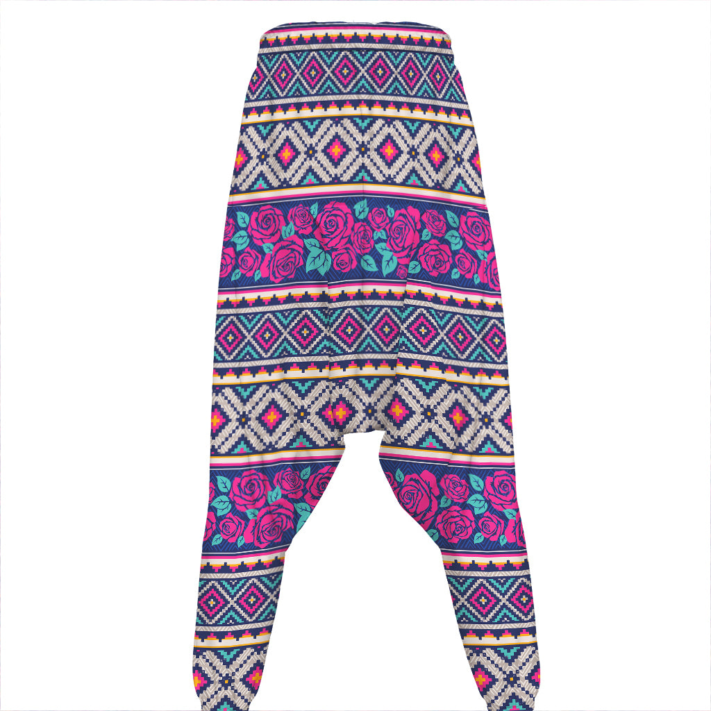 Native Tribal Ethnic Rose Pattern Print Hammer Pants
