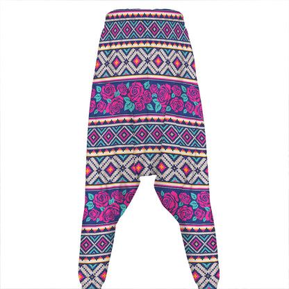Native Tribal Ethnic Rose Pattern Print Hammer Pants