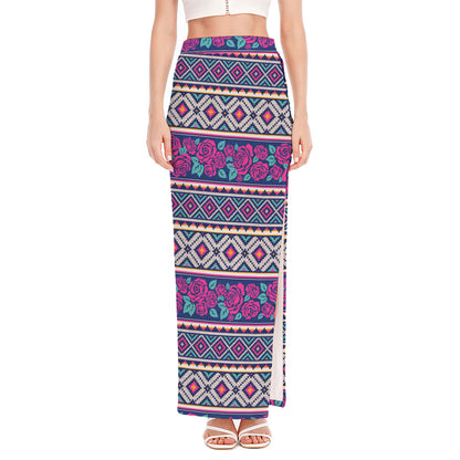 Native Tribal Ethnic Rose Pattern Print High Slit Maxi Skirt