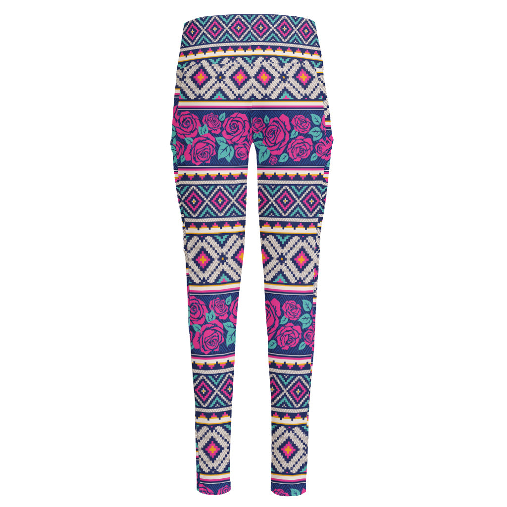 Native Tribal Ethnic Rose Pattern Print High-Waisted Pocket Leggings