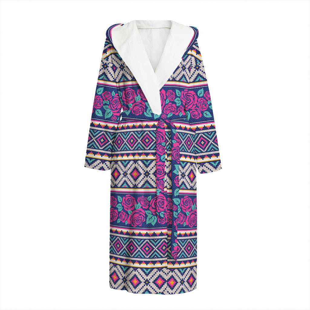 Native Tribal Ethnic Rose Pattern Print Hooded Bathrobe