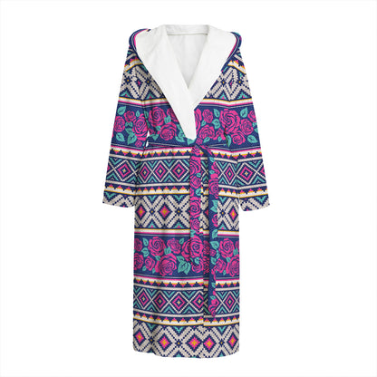 Native Tribal Ethnic Rose Pattern Print Hooded Bathrobe