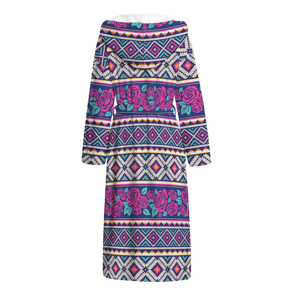 Native Tribal Ethnic Rose Pattern Print Hooded Bathrobe